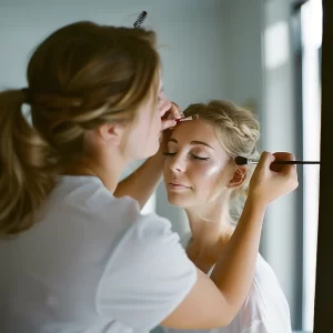 wedding artist working on bride